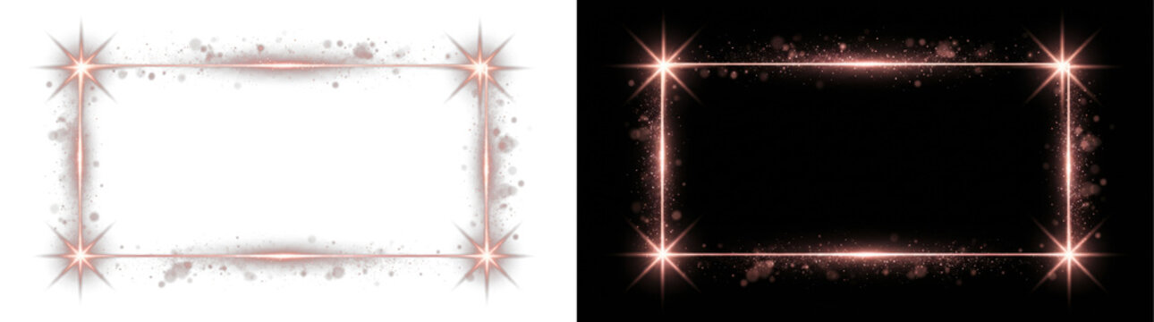 Rose gold glowing rectangular frame with sparkles isolated on transparent background
