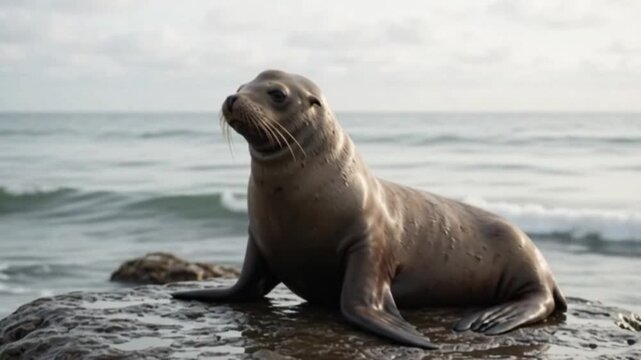 California Sea Lion at the Shore: A solitary California sea lion rests on a rocky outcrop, its sleek body basking in the soft, overcast light of the coast with gentle waves lapping at the shore.