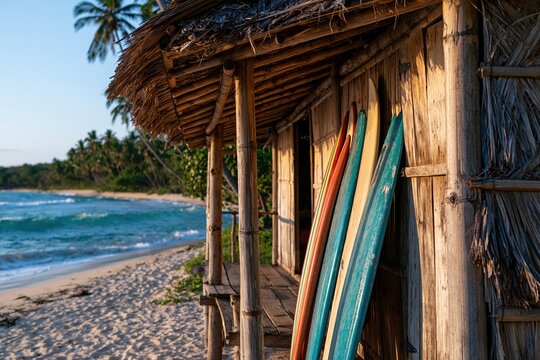 Tropical bamboo surf shack with colorful surfboards on sandy beach