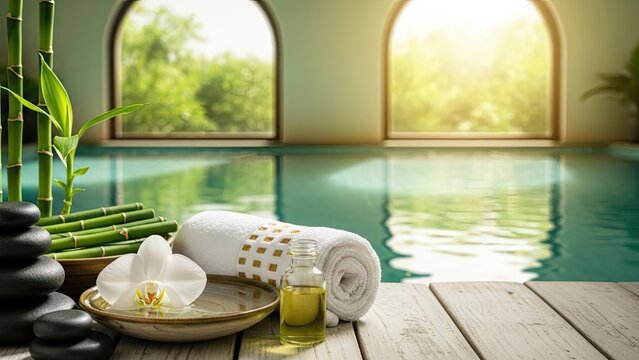 Luxury indoor swimming pool with spa towels and bamboo.