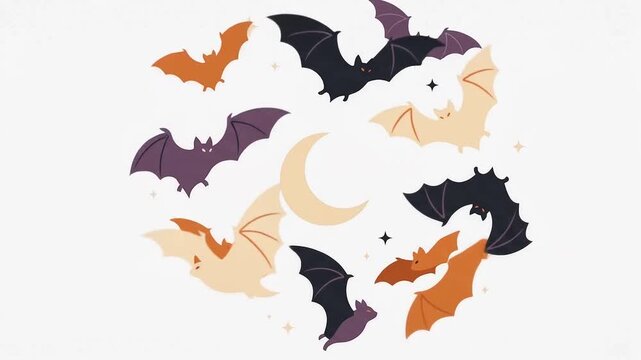 Colorful Halloween bats popping up around crescent moon flat animation