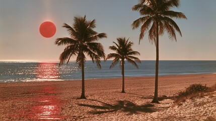 Fototapeta premium Stylized tropical beach with palm trees glowing ocean reflections and an oversized red sun above a sandy shoreline Atmosphere of surreal summer escape