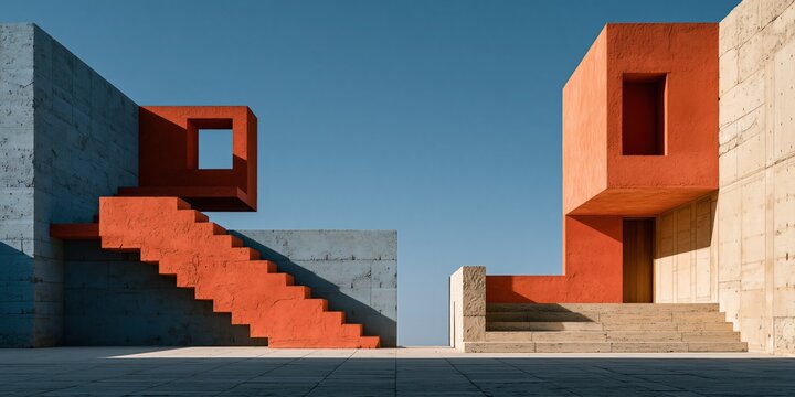 Minimal architectural courtyard featuring terracotta staircases concrete walls cubic forms and deep rectangular openings beneath a clear blue sky Expression of geometric minimalism