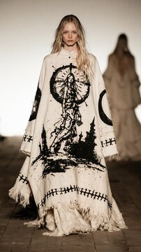 Blonde runway model in a flowing cream poncho dress decorated with bold black figure artwork circular motifs and stitched patterns Atmosphere of gothic couture