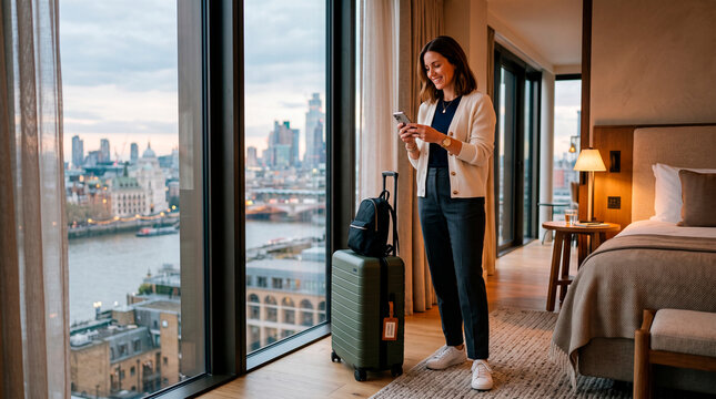 Young woman checking smartphone in hotel room with city view