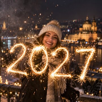 Frau feiert Silvester 2027 in winterlicher Stadt &ndash; Eine lachende junge Frau h&auml;lt funkelnde Jahreszahlen vor einer beleuchteten historischen Kulisse mit Schnee und festlichem Bokeh.