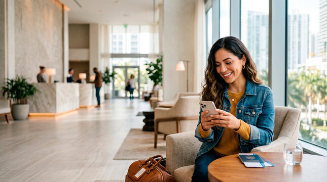 Young woman checking smartphone in modern lobby with natural light