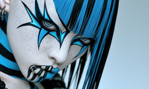 Close-up portrait of a woman with blue hair bold geometric face paint striped lips and dramatic eye makeup against a pale background Theme of futuristic beauty