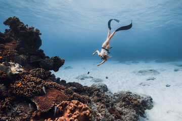 Beauty woman freediver dives above a coral reef in a clear tropical sea © artifirsov