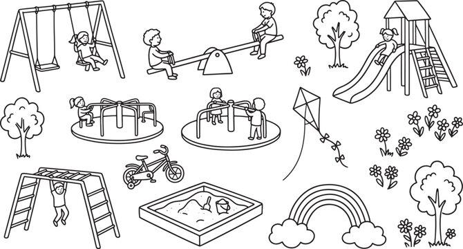 Children playing on playground equipment set with swings slide and sandbox in simple black line art style