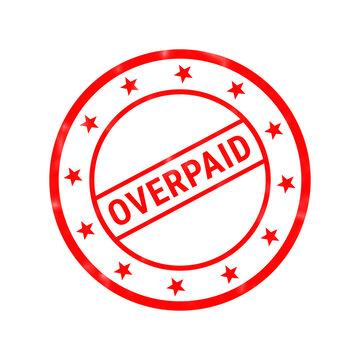 Red overpaid rubber stamp icon, circular business seal with stars, financial overpayment concept graphic on white background