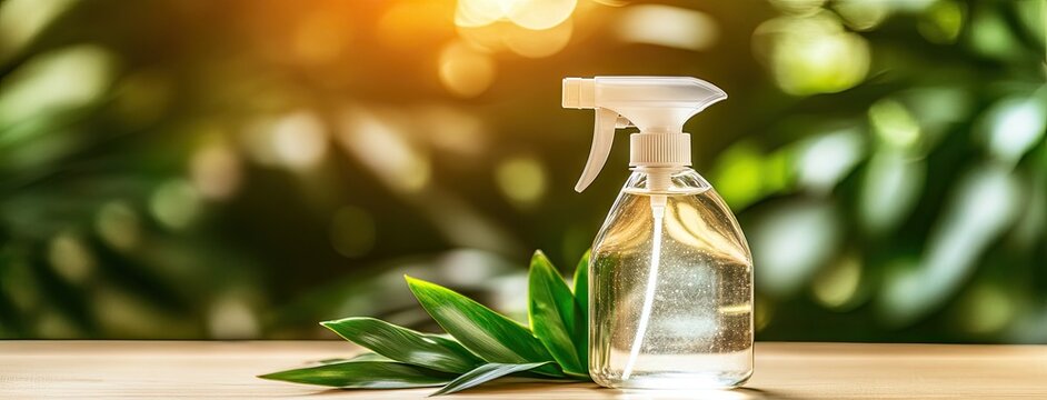 Eco-friendly cleaning products on a pristine white table brightened by warm sunlight in a tranquil home interior setting