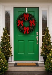 Fototapeta premium A vibrant green front door features a festive Christmas wreath with red bows, flanked by mini trees and glowing lights on a cozy porch, atmosphere, lights, bows
