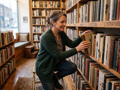 smiling female bookshop owner arranging vintage books on lower wooden shelf in cozy bookstore