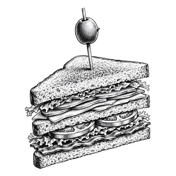 Detailed Ink Sketch Of Triple Layer Club Sandwich With Olive On Toothpick Isolated Drawing
