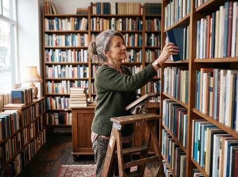 smiling woman organizing books on high shelf using wooden stepladder in cozy independent bookstore