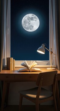 A cozy wooden desk features an open book and glowing lamp beside a window showing a large full moon in a starry night sky for study vibes, stationery, indoor, evening