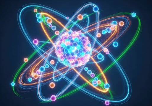 An abstract scientific visualization of subatomic particles orbiting a central nucleus with vibrant trails of light and energy waves, purple, particle, 3D