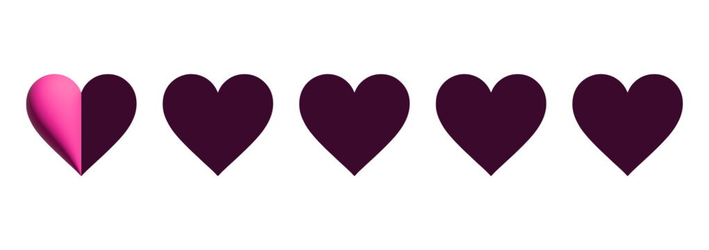 Half heart rating scale with zero point five score on transparent background. 3D elements