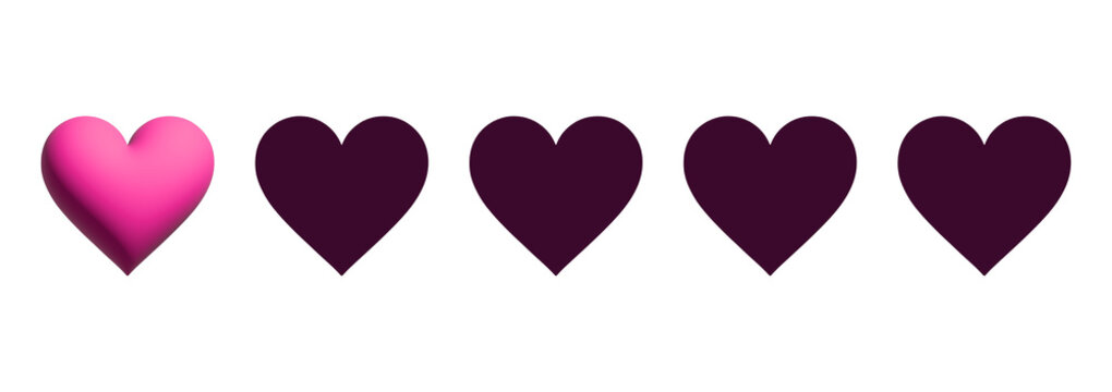 One heart rating scale with single filled pink element on transparent background. 3D elements