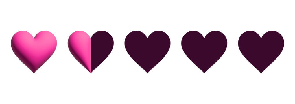 One point five heart rating scale with one full and half element on transparent background. 3D elements