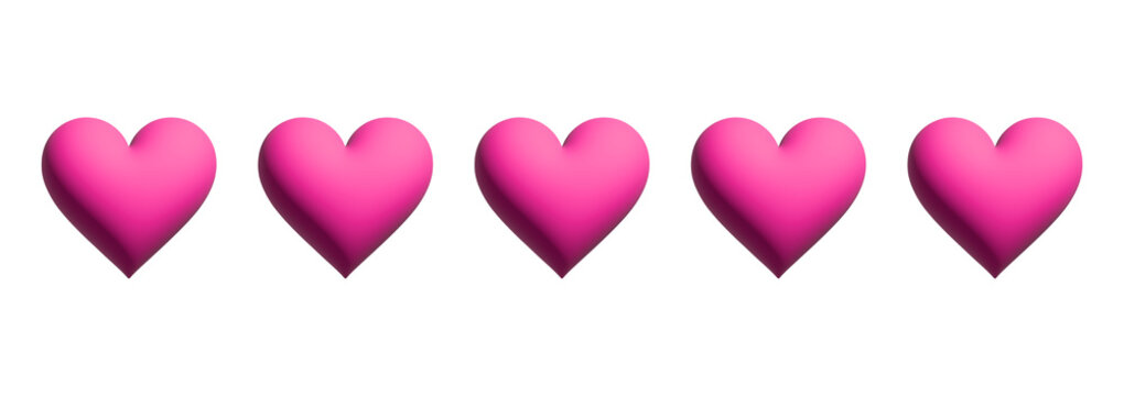 Five heart rating scale fully filled with glowing pink elements on transparent background. 3D elements