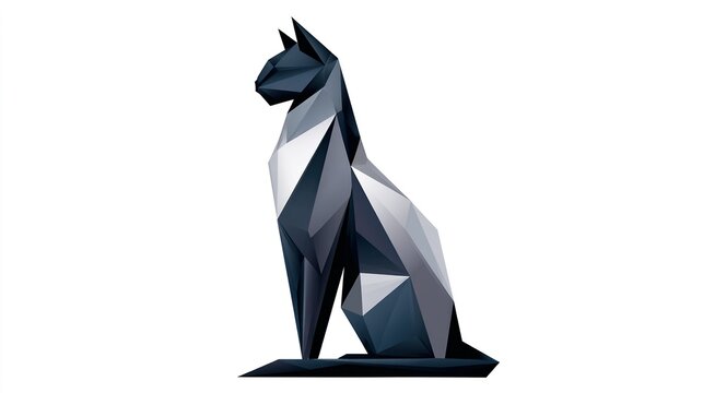 A stylized, geometric low-poly illustration of a black and gray cat sitting upright with sharp angular facets and a modern, abstract design.