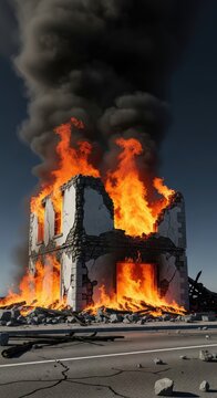 Orange flames engulf a shattered stone building amidst thick black smoke and scattered debris on a desolate street under a dark smoky sky, orange, danger, pollution