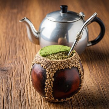 Detailed close up of dry green yerba mate leaves inside a rustic gourd bowl with a metal straw and a classic teapot on a textured wood table, bombilla, wooden, caffeine