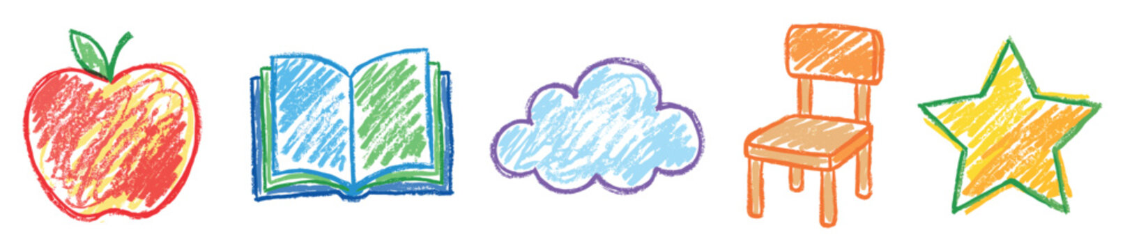 School and education icons set. Early learning and childhood concept. Includes apple, open book, cloud, chair, star. Hand-drawn crayon style