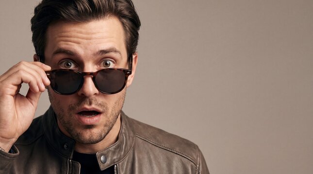 A man with a surprised expression peeks over his sunglasses, his eyes wide with astonishment. The studio portrait captures a moment of unexpected discovery, with a hint of intrigue in his gaze.