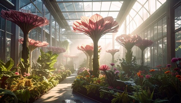 Sunlit botanical atrium filled with large stylized tree sculptures and diverse indoor vegetation indoor garden greenhouse int