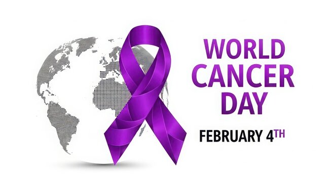Purple awareness ribbon with world globe for world cancer day february 4 illustration