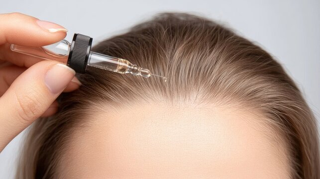 Close-up of a woman applying nourishing hair growth oil in a serene beauty salon setting during a relaxing self-care session