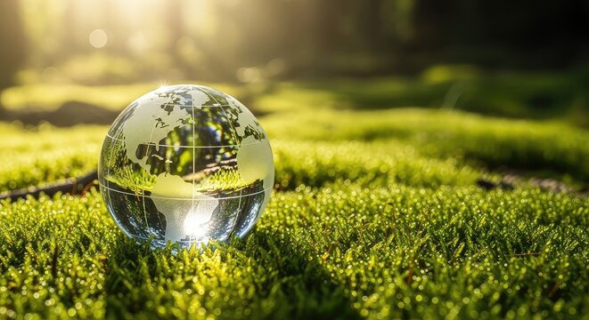 A glass earth globe rests on a bed of vibrant green moss in a lush forest while soft golden sunlight dances across the natural surface, scenery, botanical, environment