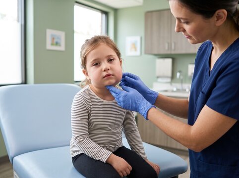 Pediatrician Examining Child With Mumps and Parotid Gland Swelling