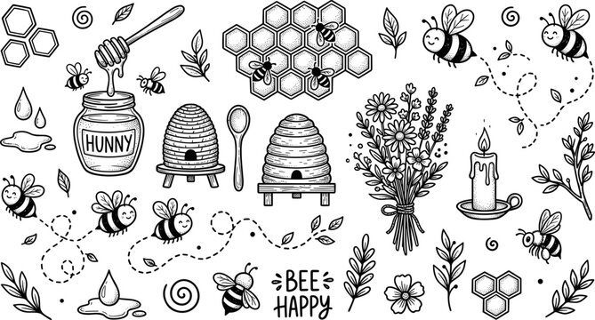 Set of cute bees, honeycombs, beehives, flowers, and honey jars, handdrawn doodle style elements