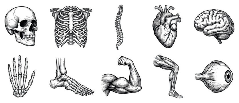 Human anatomy icons set. Medical and biological structure concept. Includes skull, rib cage, spine, heart, brain, hand bones, foot bones, arm muscles, leg muscles, eyeball. Engraving style
