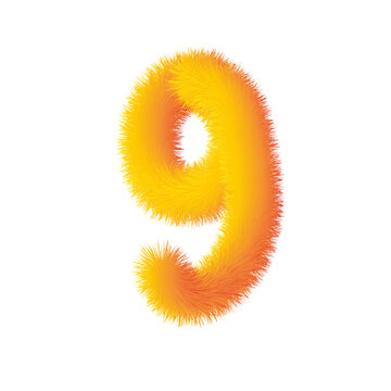 Fluffy vibrant yellow and orange fur number 9 on transparent background