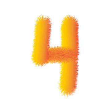 Fluffy vibrant yellow and orange fur number 4 on transparent background