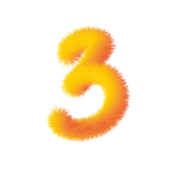 Fluffy vibrant yellow and orange fur number 3 on transparent background