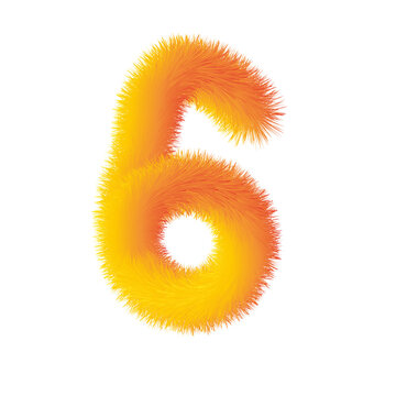 Fluffy vibrant yellow and orange fur number 6 on transparent background