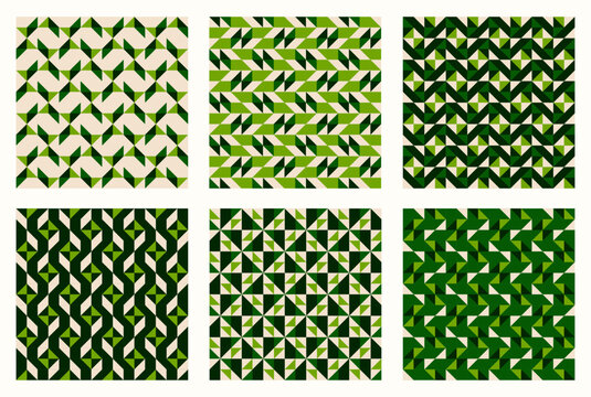 Green and golden organic, color tessellation set, bundle of modern seamless vector patterns. Neutral retro colors. Repeatable design for fabric collection, wallpapers,