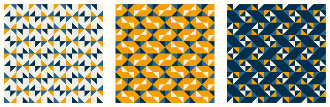 Teal and orange, color tessellation set, bundle of modern seamless vector patterns. Neutral retro colors. Repeatable design for fabric collection, wallpapers,