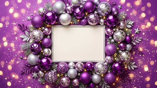 Christmas wreath frame with purple and silver baubles and glowing lights for holiday design