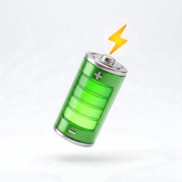 Stylized three-dimensional green battery with metallic silver terminals, plus sign, energy segments, and glowing yellow lightning bolt isolated on white background.