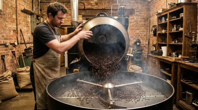 Craftsman brewing aromatic coffee with freshly roasted beans in a charming vintage workshop environment