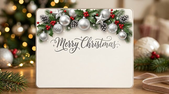 Merry christmas sign with silver ornaments and fir branches on a wooden table for holidays