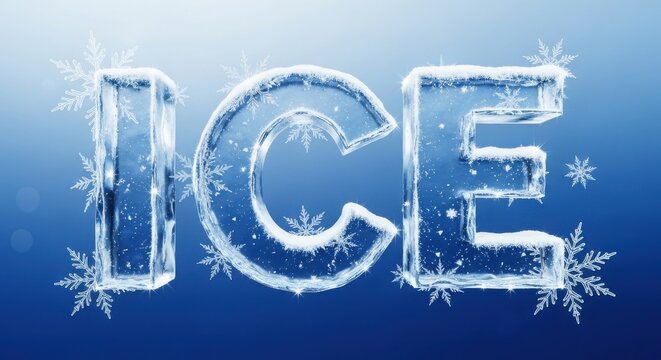 Frozen ice text letters with winter snowflakes on a blue background illustration
