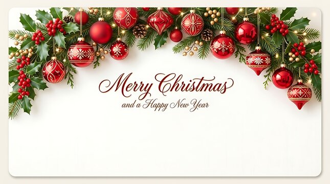 Merry christmas and happy new year greeting card with red ornaments and green pine branches
